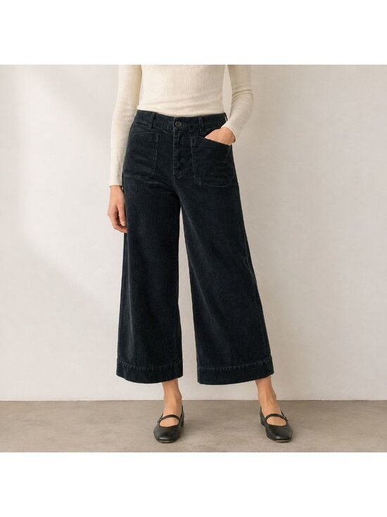 Quince Pants - Quince Organic Stretch Corduroy Cropped Wide Leg Pants Black Sz 8 Quiet Luxury
